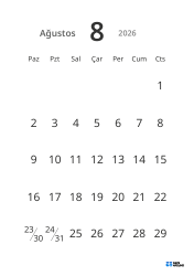 Büyük tarihli ve yüksek okunabilirliğe sahip dikey aylık takvim şablonu