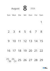 Gut lesbare Monatskalender-Vorlage im Hochformat mit großen Datumszahlen