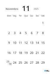 Modelo de calendário mensal em formato retrato com datas grandes e alta legibilidade