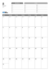 At the top are priorities and a TO-DO list. At the bottom is a monthly calendar in a 7-column × 5-row layout – monthly calendar template (Vertical).