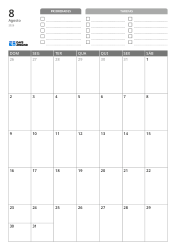 Na parte superior estão as prioridades e uma lista de TAREFAS. Na parte inferior, um calendário mensal 7 colunas × 5 linhas – modelo (Vertical).