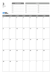 En la parte superior se encuentran prioridades y una lista de TAREAS. En la parte inferior, un calendario mensual en formato 7 columnas × 5 filas – plantilla de calendario mensual (Vertical).