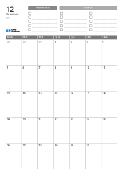 Na parte superior estão as prioridades e uma lista de TAREFAS. Na parte inferior, um calendário mensal 7 colunas × 5 linhas – modelo (Vertical).