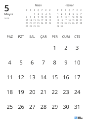 Yalnızca tarihleri gösteren ve önceki ile sonraki ayın mini takvimlerini içeren aylık takvim şablonu (Dikey)