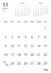 Yalnızca tarihleri gösteren ve önceki ile sonraki ayın mini takvimlerini içeren aylık takvim şablonu (Dikey)