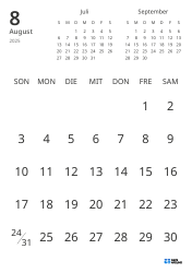 Monatliche Kalender-Vorlage mit reinem Datumsraster und Mini-Kalendern für Vormonat und Folgemonat (Hochformat)