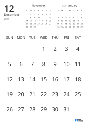 Monthly calendar template showing only dates with mini calendars for the previous and next months (Portrait)