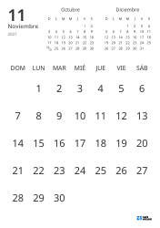 Plantilla de calendario mensual solo con fechas e incluye mini calendarios del mes anterior y siguiente (Vertical)