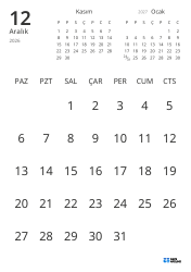 Yalnızca tarihleri gösteren ve önceki ile sonraki ayın mini takvimlerini içeren aylık takvim şablonu (Dikey)