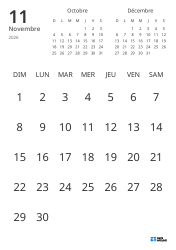 Modèle de calendrier mensuel affichant uniquement les dates avec mini-calendriers du mois précédent et du mois suivant (Portrait)