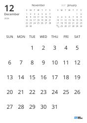 Monthly calendar template showing only dates with mini calendars for the previous and next months (Portrait)
