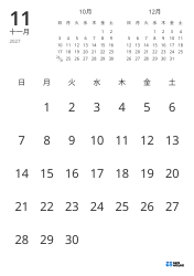 日付のみを表示し、前月・翌月のミニカレンダーを含む月間カレンダーテンプレート（縦向き）