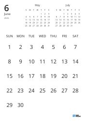 Monthly calendar template showing only dates with mini calendars for the previous and next months (Portrait)