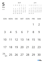 Monatliche Kalender-Vorlage mit reinem Datumsraster und Mini-Kalendern für Vormonat und Folgemonat (Hochformat)