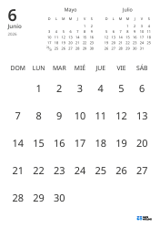 Plantilla de calendario mensual solo con fechas e incluye mini calendarios del mes anterior y siguiente (Vertical)