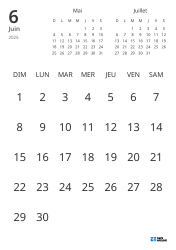 Modèle de calendrier mensuel affichant uniquement les dates avec mini-calendriers du mois précédent et du mois suivant (Portrait)