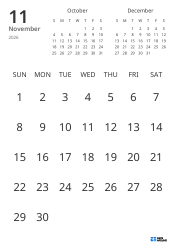Monthly calendar template showing only dates with mini calendars for the previous and next months (Portrait)