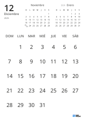 Plantilla de calendario mensual solo con fechas e incluye mini calendarios del mes anterior y siguiente (Vertical)