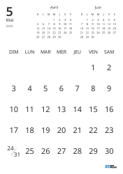 Modèle de calendrier mensuel affichant uniquement les dates avec mini-calendriers du mois précédent et du mois suivant (Portrait)