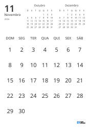 Modelo de calendário mensal com apenas as datas e mini calendários do mês anterior e seguinte (Retrato)