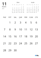 Yalnızca tarihleri gösteren ve önceki ile sonraki ayın mini takvimlerini içeren aylık takvim şablonu (Dikey)