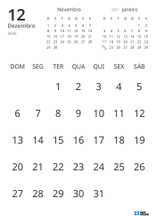 Modelo de calendário mensal com apenas as datas e mini calendários do mês anterior e seguinte (Retrato)