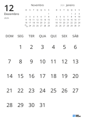 Modelo de calendário mensal com apenas as datas e mini calendários do mês anterior e seguinte (Retrato)