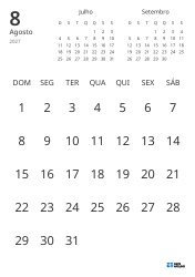 Modelo de calendário mensal com apenas as datas e mini calendários do mês anterior e seguinte (Retrato)