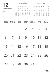 Monatliche Kalender-Vorlage mit reinem Datumsraster und Mini-Kalendern für Vormonat und Folgemonat (Hochformat)