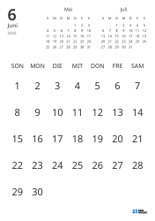 Monatliche Kalender-Vorlage mit reinem Datumsraster und Mini-Kalendern für Vormonat und Folgemonat (Hochformat)