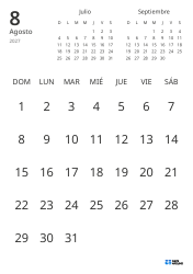 Plantilla de calendario mensual solo con fechas e incluye mini calendarios del mes anterior y siguiente (Vertical)