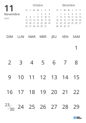 Modèle de calendrier mensuel affichant uniquement les dates avec mini-calendriers du mois précédent et du mois suivant (Portrait)