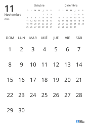Plantilla de calendario mensual solo con fechas e incluye mini calendarios del mes anterior y siguiente (Vertical)