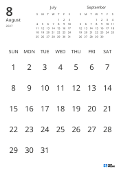 Monthly calendar template showing only dates with mini calendars for the previous and next months (Portrait)