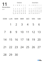 Modello di calendario mensile con solo le date e mini calendari del mese precedente e successivo (Verticale)