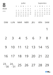 Modèle de calendrier mensuel affichant uniquement les dates avec mini-calendriers du mois précédent et du mois suivant (Portrait)