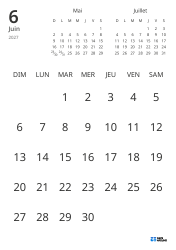 Modèle de calendrier mensuel affichant uniquement les dates avec mini-calendriers du mois précédent et du mois suivant (Portrait)
