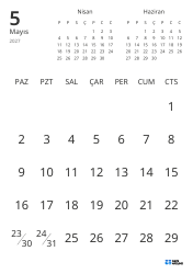 Yalnızca tarihleri gösteren ve önceki ile sonraki ayın mini takvimlerini içeren aylık takvim şablonu (Dikey)