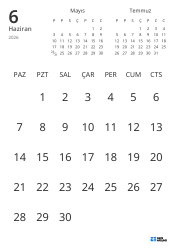 Yalnızca tarihleri gösteren ve önceki ile sonraki ayın mini takvimlerini içeren aylık takvim şablonu (Dikey)