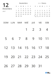 Plantilla de calendario mensual solo con fechas e incluye mini calendarios del mes anterior y siguiente (Vertical)