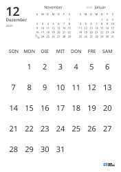 Monatliche Kalender-Vorlage mit reinem Datumsraster und Mini-Kalendern für Vormonat und Folgemonat (Hochformat)