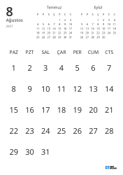 Yalnızca tarihleri gösteren ve önceki ile sonraki ayın mini takvimlerini içeren aylık takvim şablonu (Dikey)