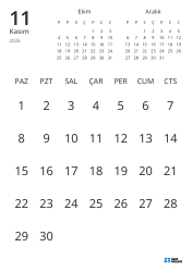 Yalnızca tarihleri gösteren ve önceki ile sonraki ayın mini takvimlerini içeren aylık takvim şablonu (Dikey)