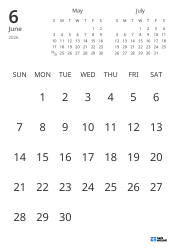 Monthly calendar template showing only dates with mini calendars for the previous and next months (Portrait)