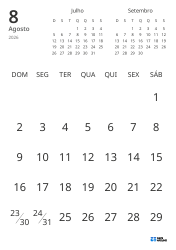 Modelo de calendário mensal com apenas as datas e mini calendários do mês anterior e seguinte (Retrato)