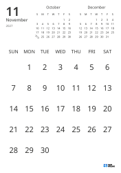 Monthly calendar template showing only dates with mini calendars for the previous and next months (Portrait)