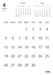 Monthly calendar template showing only dates with mini calendars for the previous and next months (Portrait)