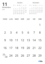 Plantilla de calendario mensual solo con fechas e incluye mini calendarios del mes anterior y siguiente (Vertical)