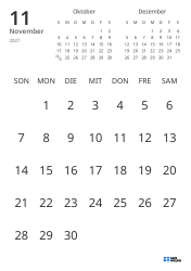 Monatliche Kalender-Vorlage mit reinem Datumsraster und Mini-Kalendern für Vormonat und Folgemonat (Hochformat)