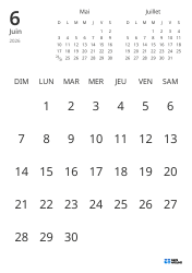 Modèle de calendrier mensuel affichant uniquement les dates avec mini-calendriers du mois précédent et du mois suivant (Portrait)